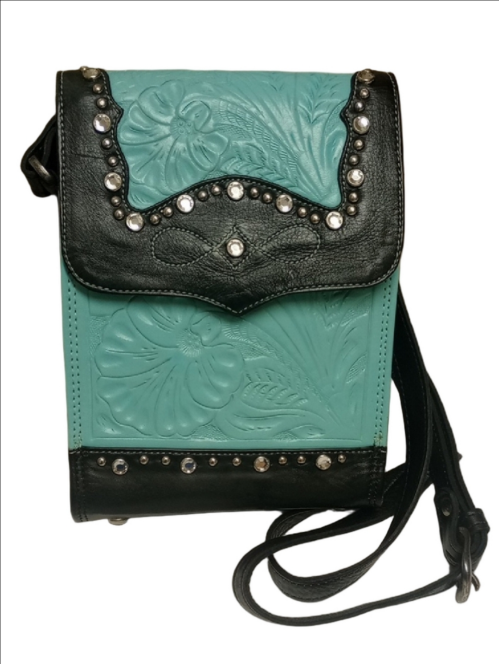 AMERICAN WEST BLACK & TURQUOISE WESTERN LEATHER CROSSBODY BAG WITH RHINESTONES